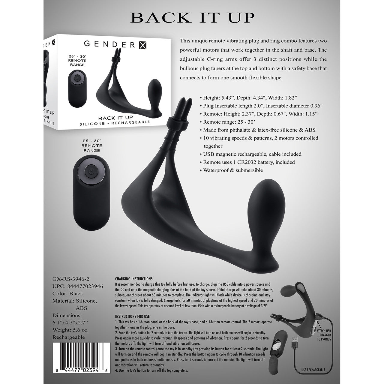 Gender X Back It Up Rechargeable Waterproof Silicone Vibrating Cock Ring & Anal Plug With Remote