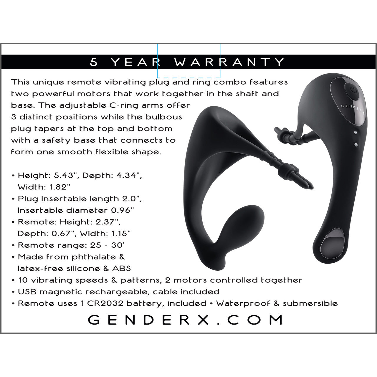 Gender X Back It Up Rechargeable Waterproof Silicone Vibrating Cock Ring & Anal Plug With Remote