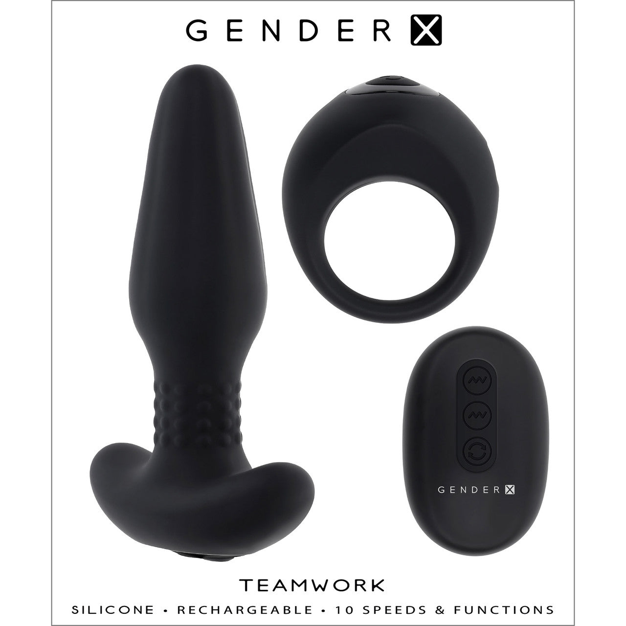 Gender X Teamwork Set With Silicone Vibrating Cock Ring And Butt Plug With Rotating Beads & Remote