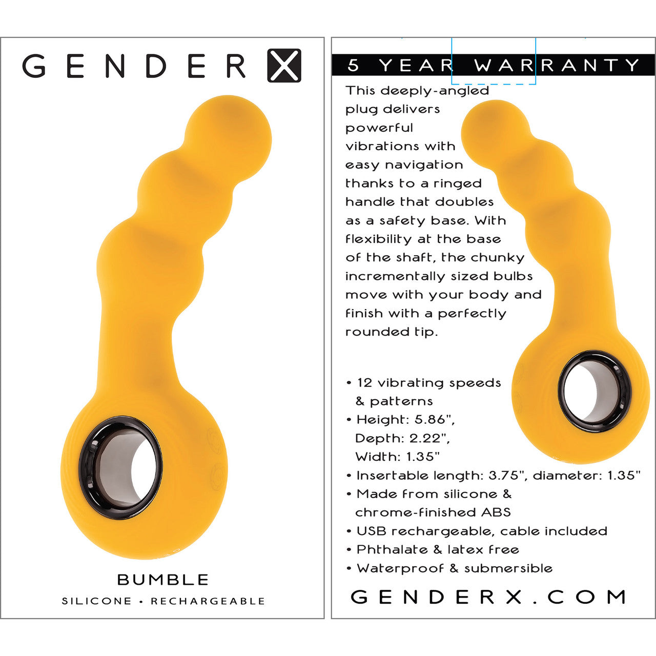 Gender X Bumble Rechargeable Waterproof Silicone Vibrating Beaded Anal Probe - Yellow