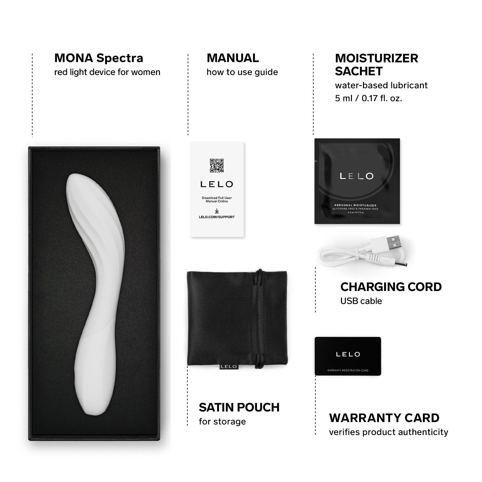 LELO MONA™ Spectra Red Light Therapy Intimate Wellness Massager - What's Included