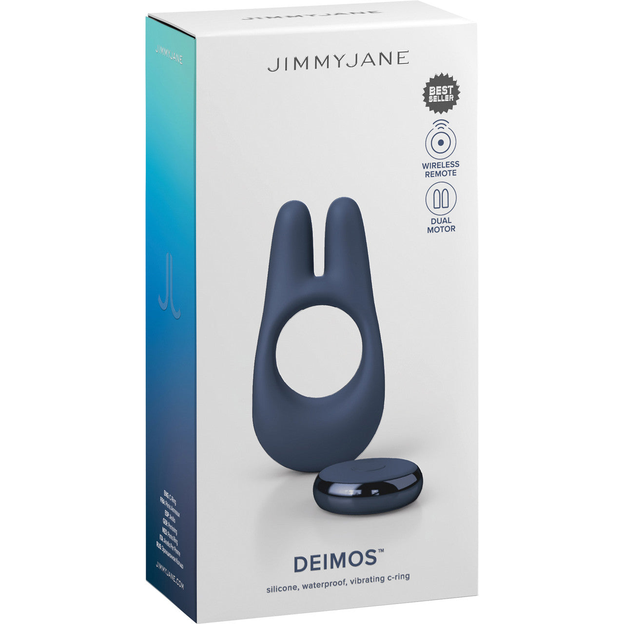 JimmyJane Deimos Rechargeable Waterproof Silicone Dual Vibrator Cock Ring With Remote - Blue