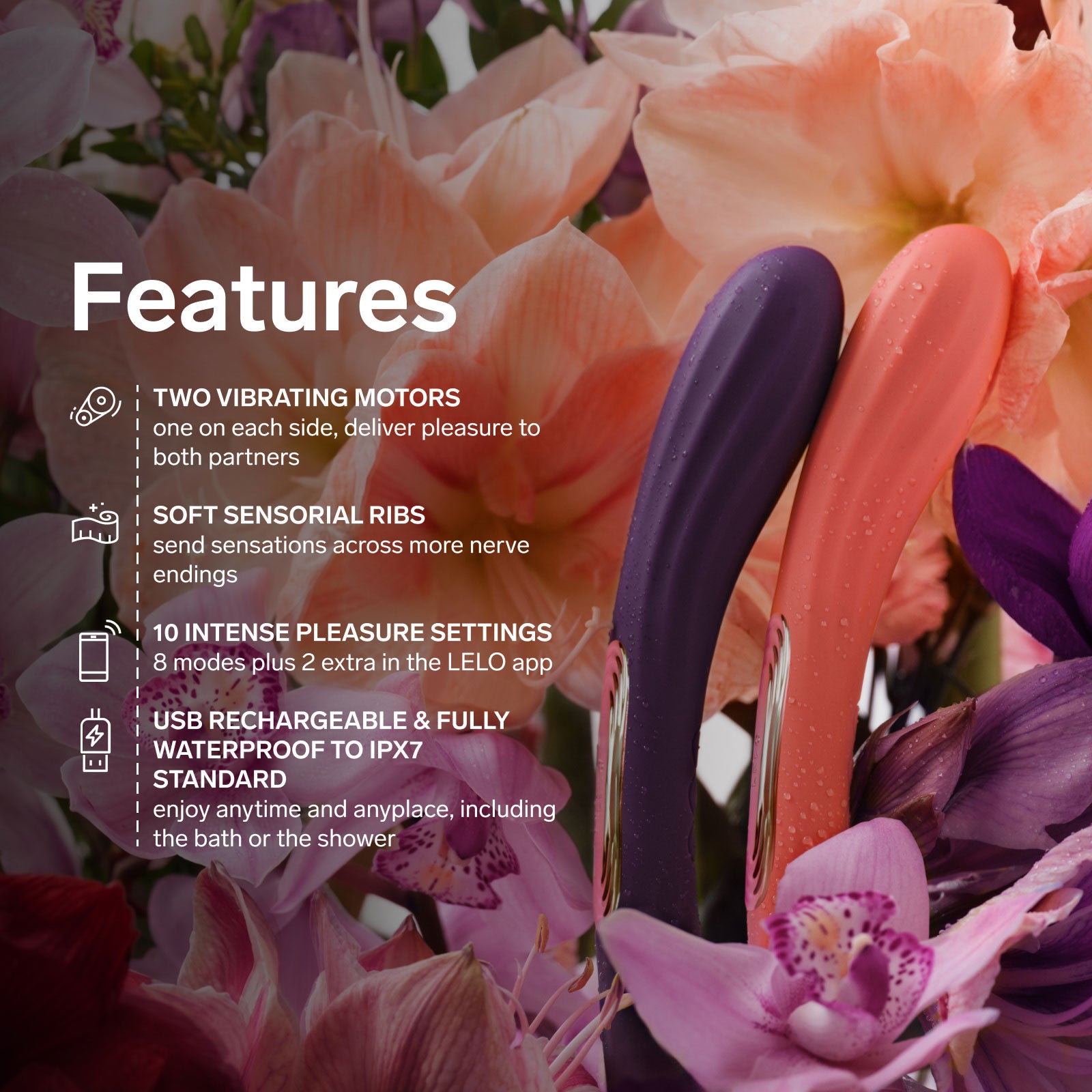LELO BOOMERANG™ Premium Double Ended Silicone Vibrator For Couples - Features Graphic