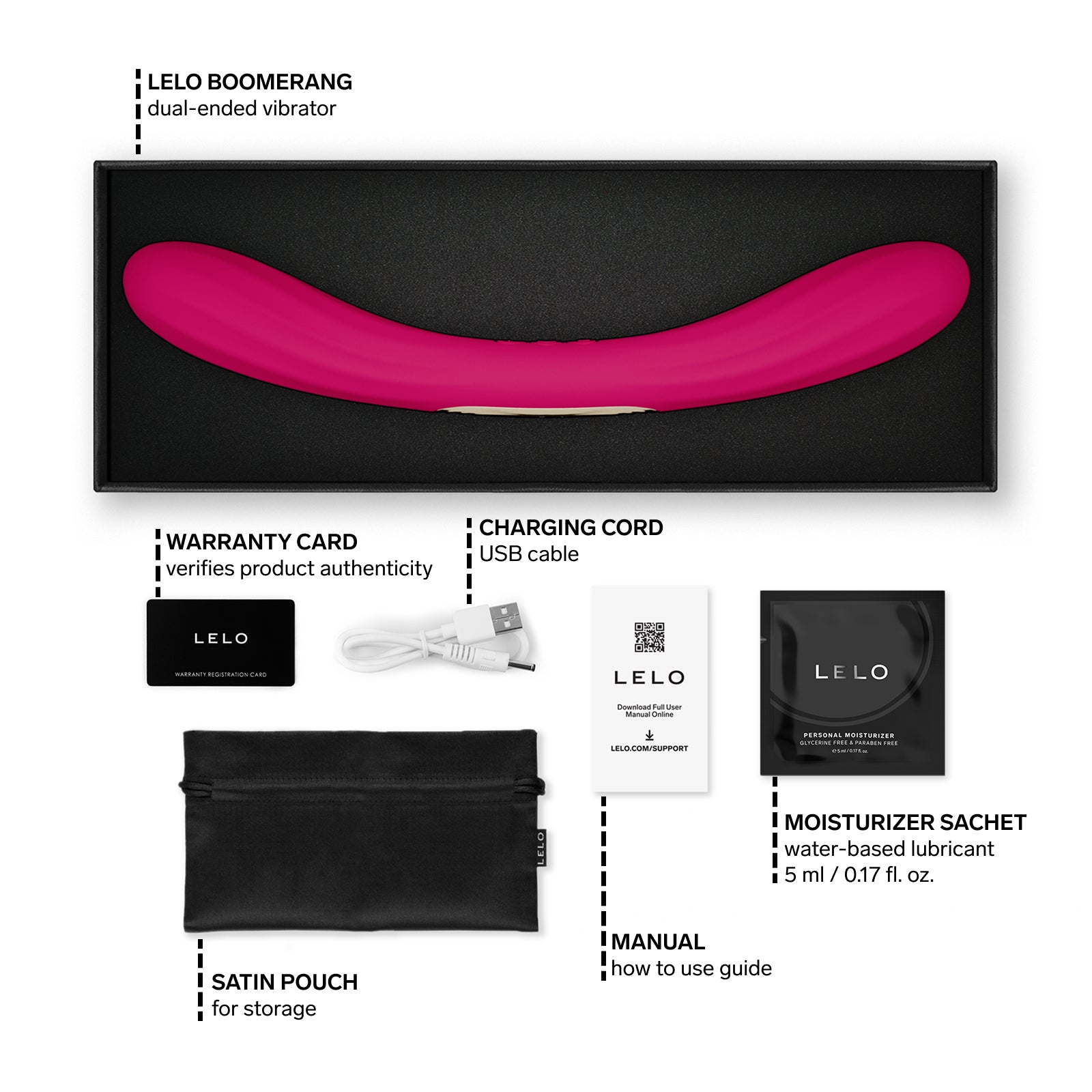 LELO Boomerang dual-ended vibrator packaging with accessories on a white background