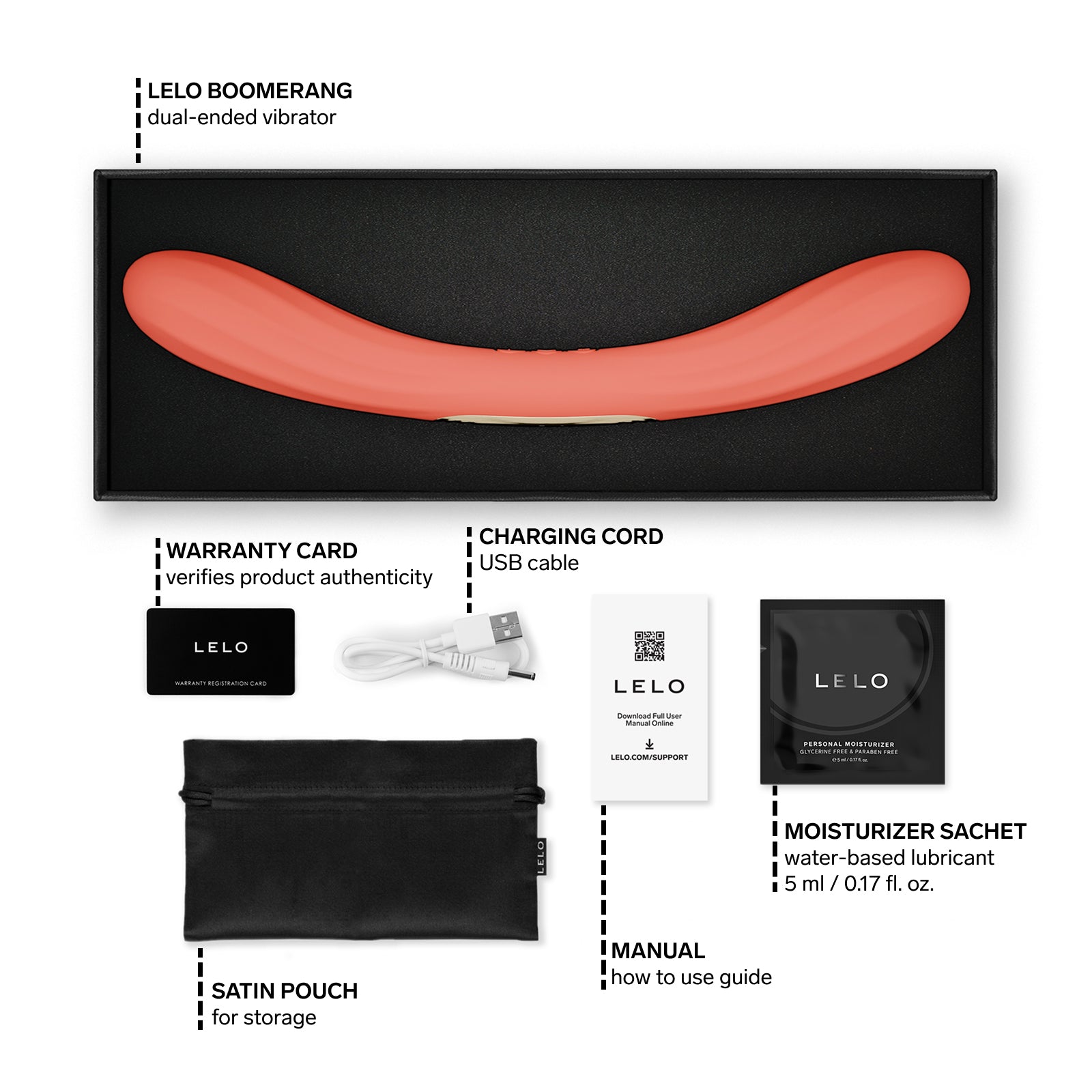 LELO Boomerang product packaging with accessories on a white background