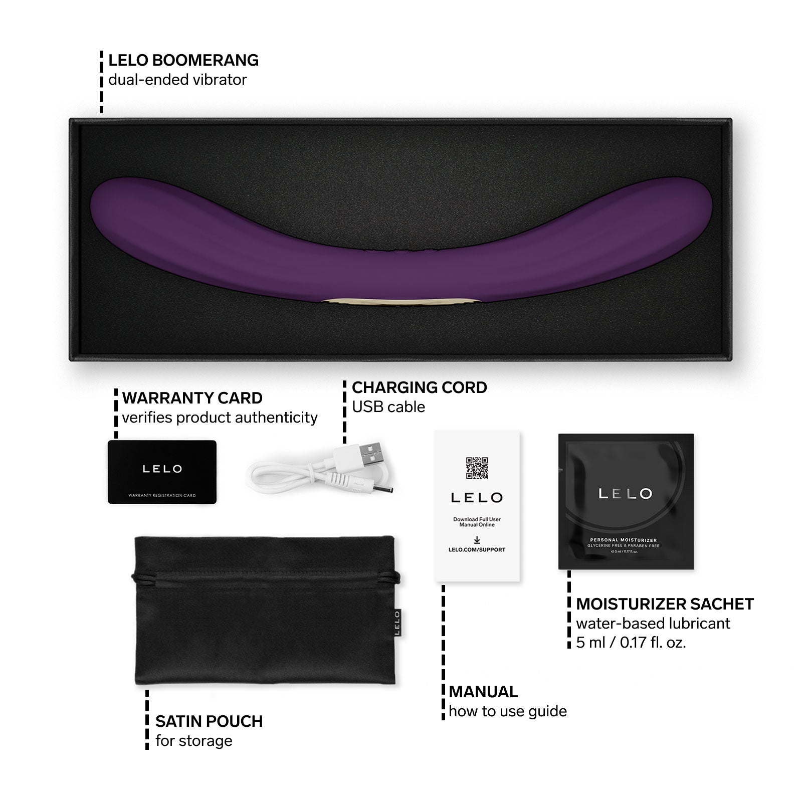 LELO Boomerang dual-ended vibrator packaging with accessories on a white background