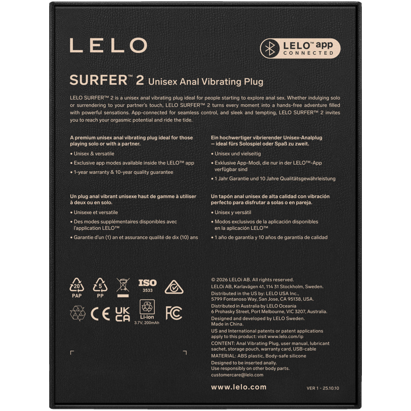 LELO SURFER™ 2 Premium App-Connected Unisex Vibrating Anal Plug