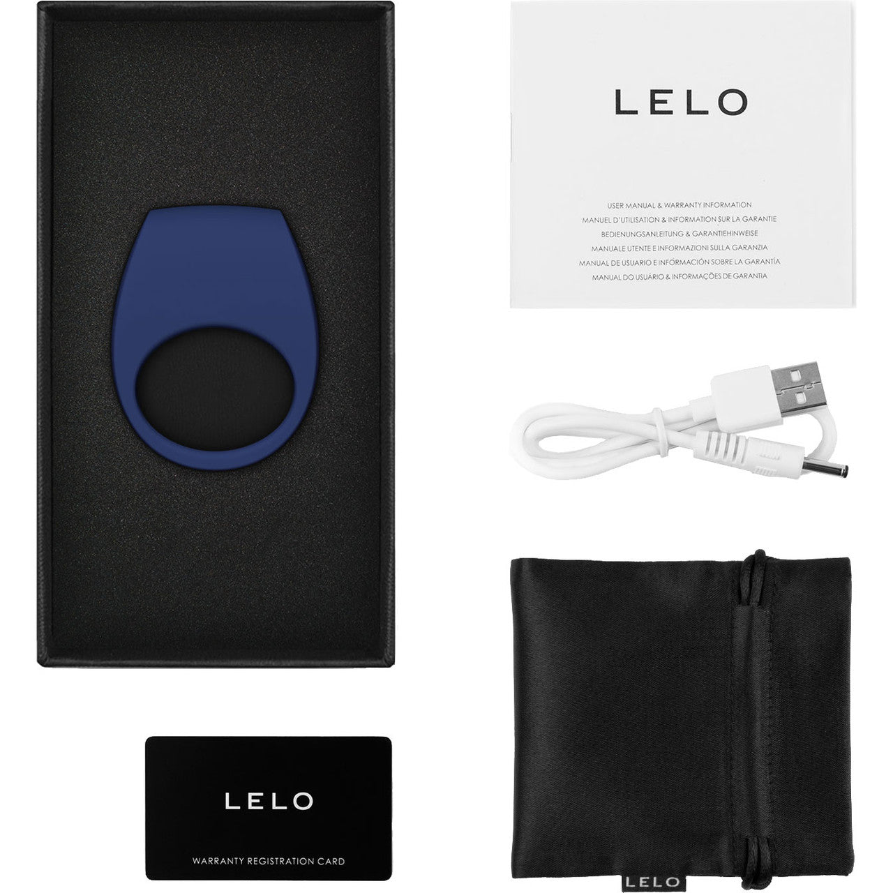 LELO TOR 3 Silicone Waterproof Rechargeable App Enabled Vibrating Cock Ring - Base Blue