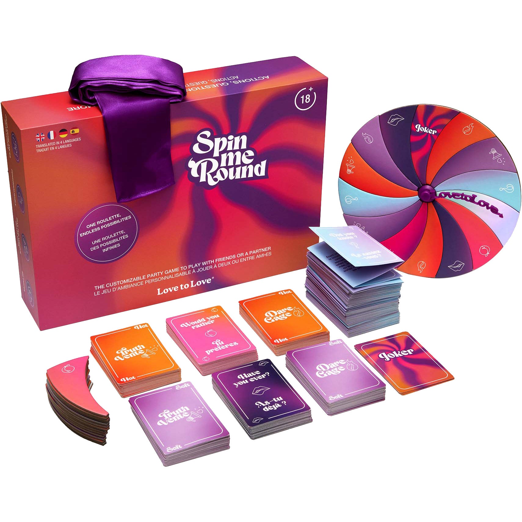 Spin Me Round game set with colorful cards and box on a white background