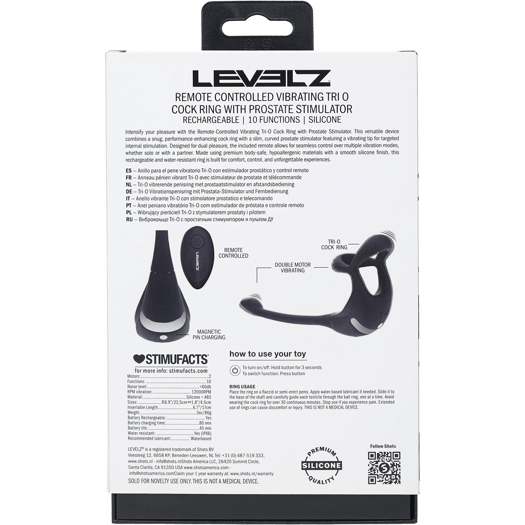 LEVELZ Remote Control Vibrating Silicone Tri O Cock Ring with Prostate Stimulator