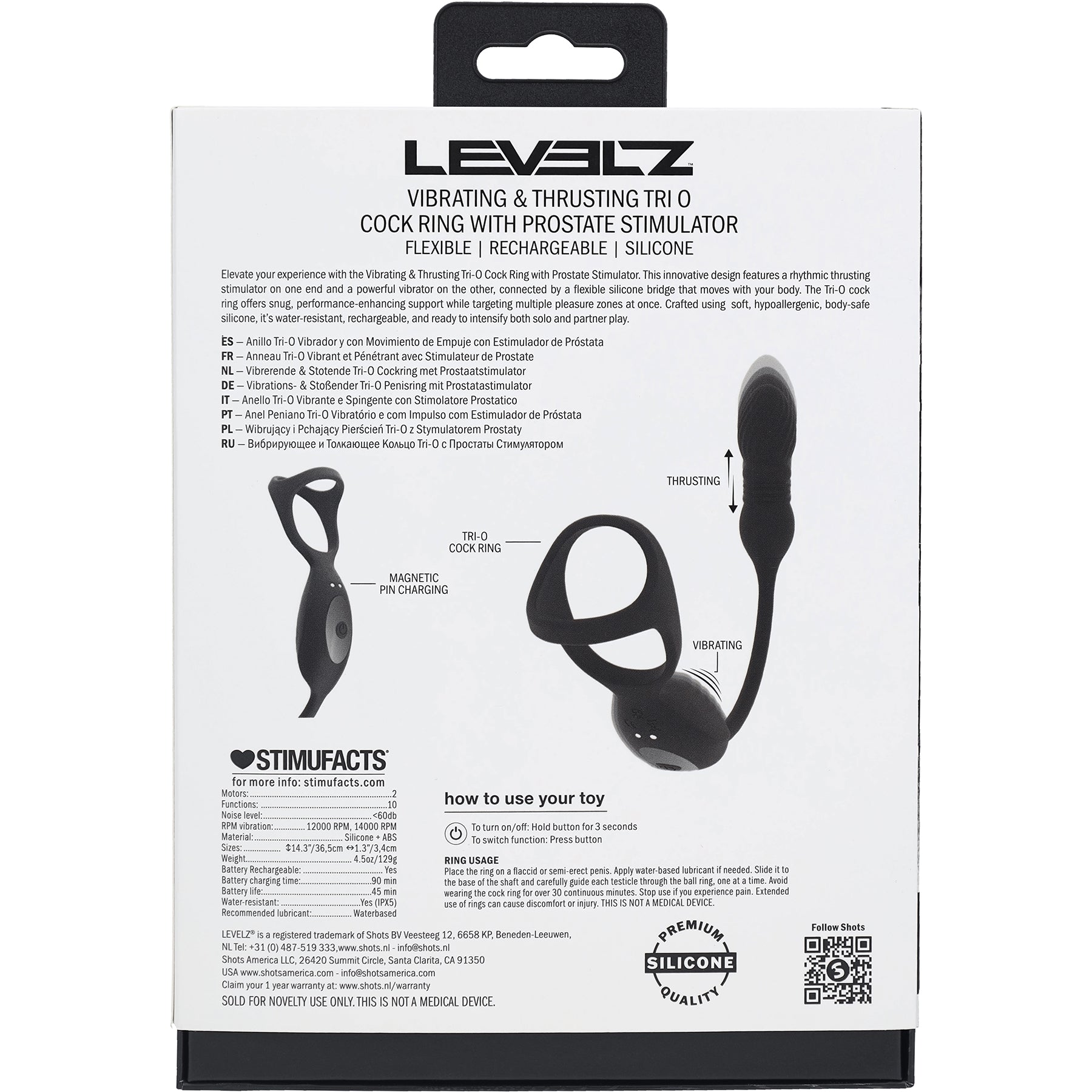 LEVELZ Vibrating & Thrusting Silicone Tri O Cock Ring With Prostate Stimulator