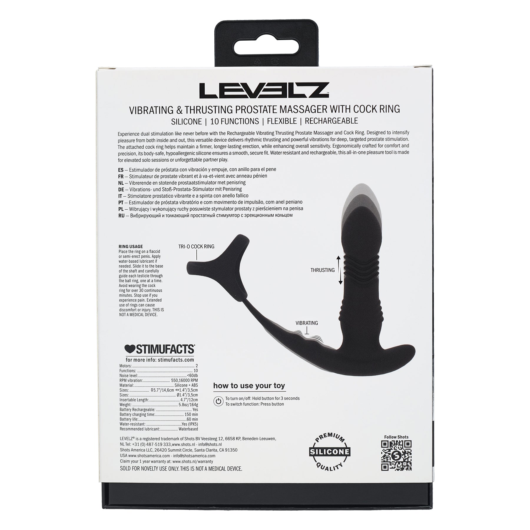 LEVELZ Vibrating & Thrusting Silicone Prostate Massager With Tri O Cock Ring