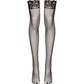 Black fishnet thigh-high stockings with ornate lace tops, displayed on a clean white background.