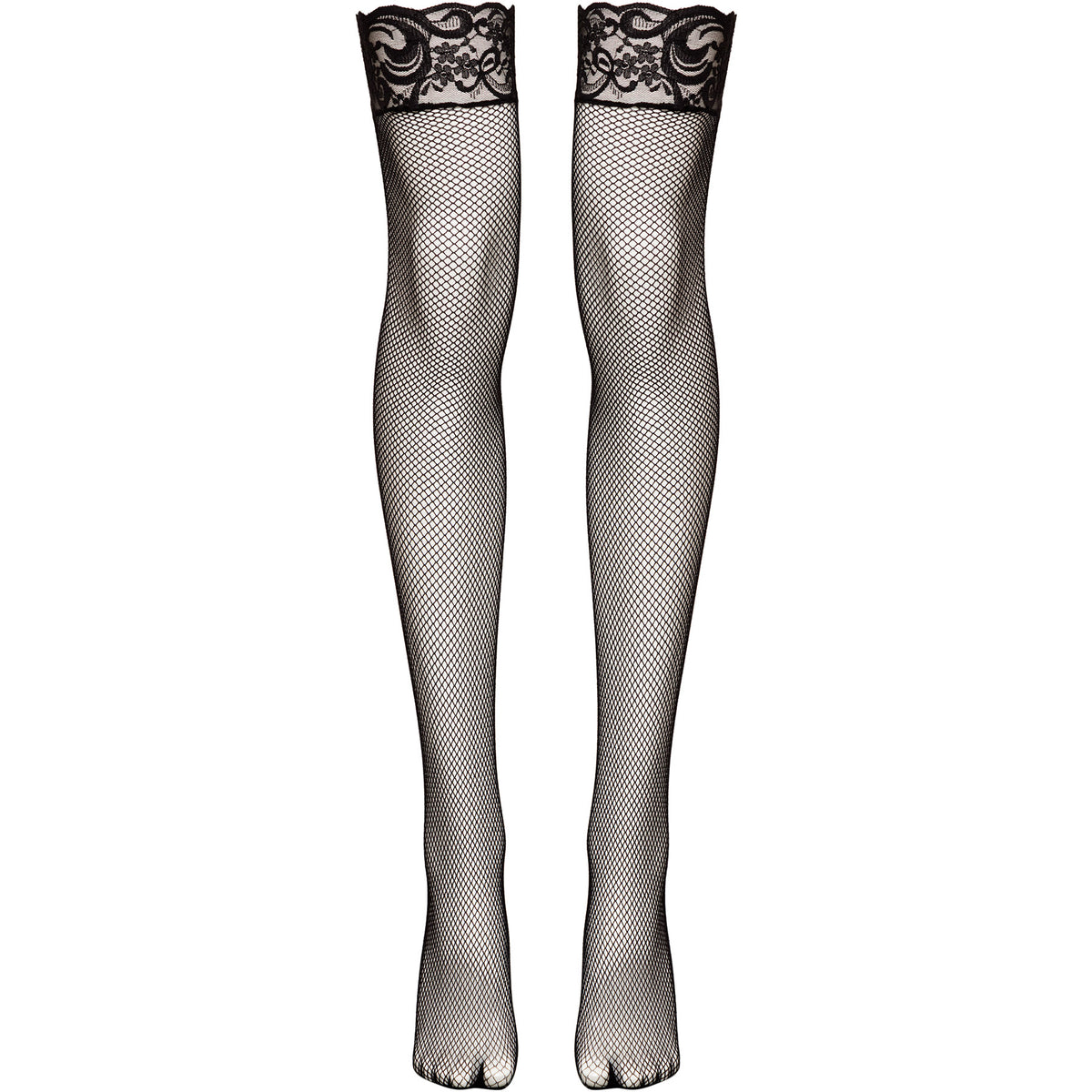 Black fishnet thigh-high stockings with ornate lace tops, displayed on a clean white background.