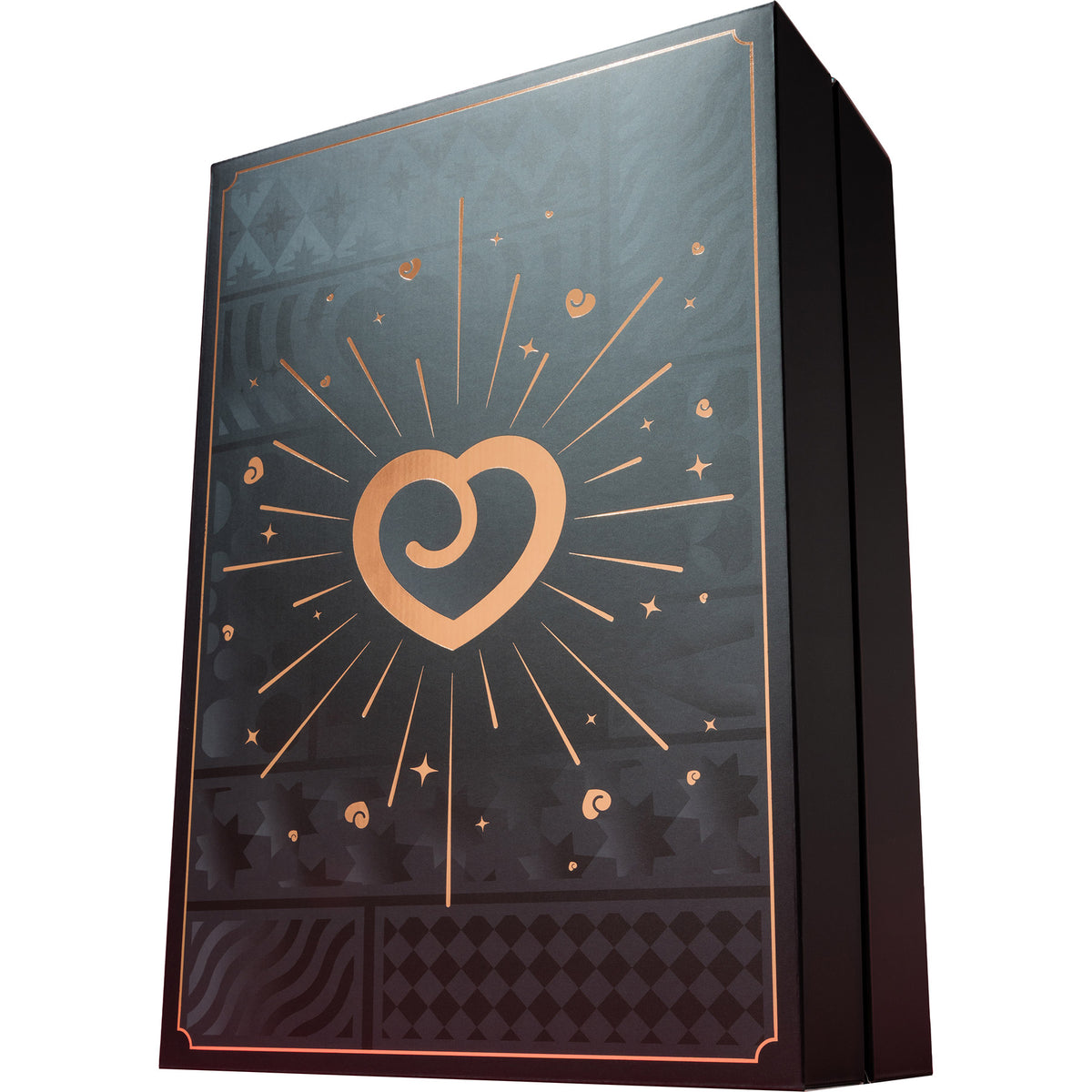 A tall rectangular product box shown at a slight angle on a plain white background. The front is dark charcoal/black with metallic rose-gold/copper line art forming a central heart and radiating sunburst, plus decorative star and pattern motifs near the bottom.