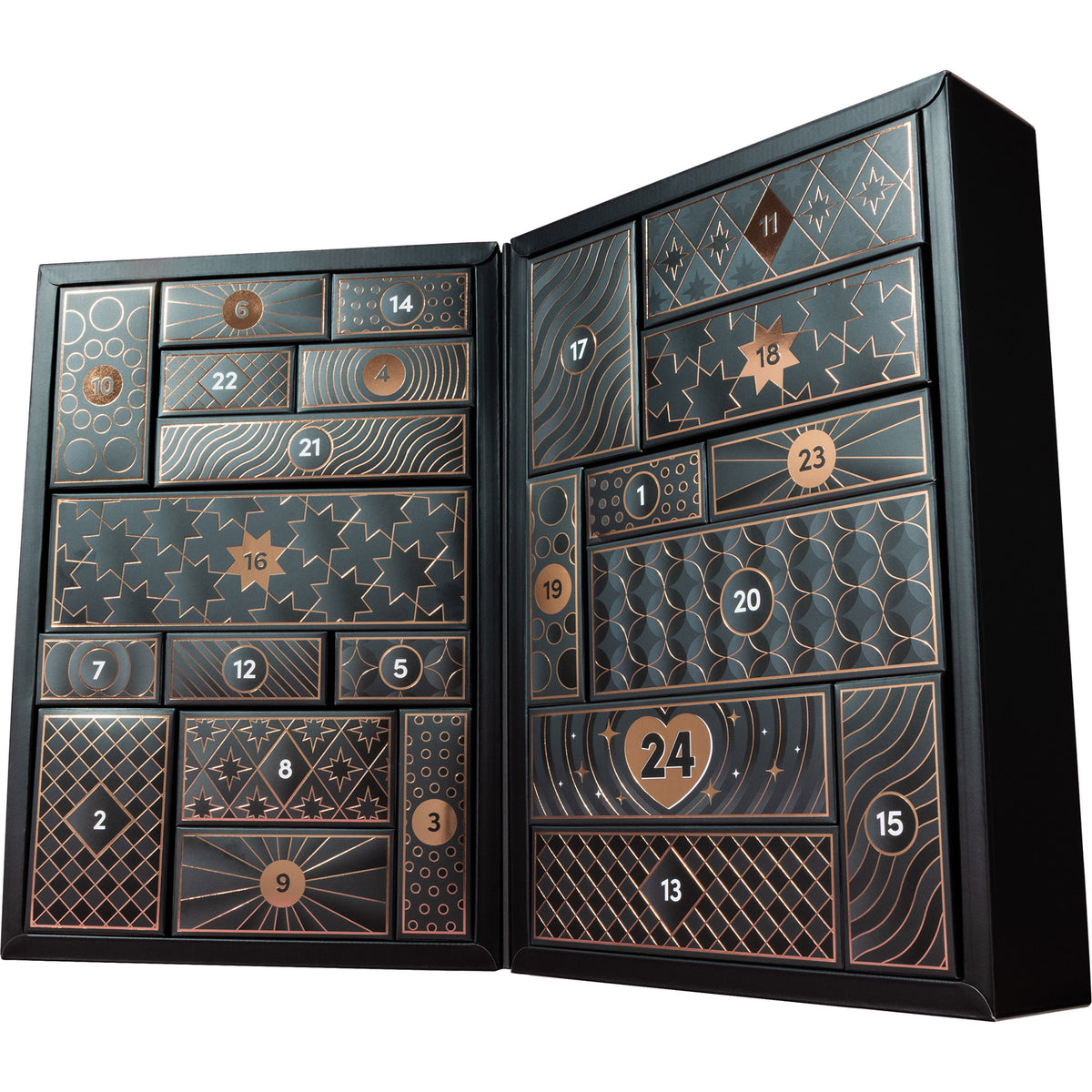 An open black advent calendar with 24 numbered compartments decorated in metallic rose gold geometric patterns, shown on a clean white background.
