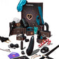 A Lovehoney adult novelty gift set arranged on a white background, featuring multiple black and dark brown boxes with gold details, a bright blue satin sleep mask, black personal massagers, a red-and-white striped dildo, a purple card deck, and other small accessories.