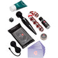 A curated adult wellness gift set laid out on a white background, including a black handheld wand massager, a black silicone Kegel massager, a black pouch of Lovehoney intimate wipes, a purple card deck, a small black dice, a teal personal lubricant tube, a red-and-white striped candy cane dildo, and a small black bottle labeled Menthol Pleasure Balm.