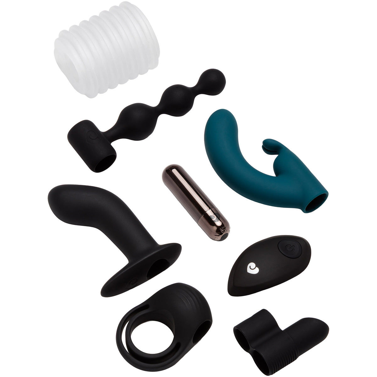 A set of adult novelty toys and accessories arranged on a plain white background, including black textured sleeves, a teal curved piece, a translucent white ribbed piece, a metallic dark gray cylindrical insert, and a small white logo mark on one piece.