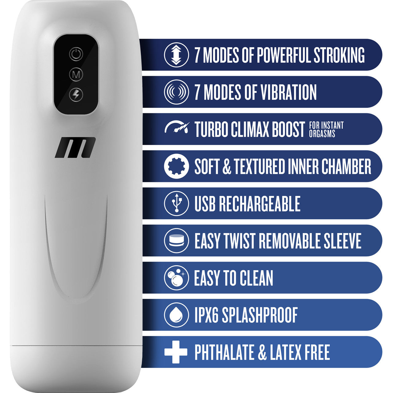 M For Men Robo-Bator Rechargeable Stroking Vibrating Penis Masturbator By Blush - White