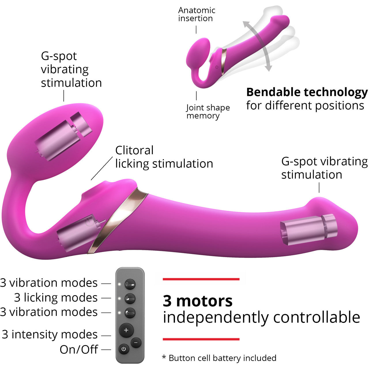 Strap-on-Me Multi Orgasm Silicone Vibrating 3 Motor Remote Control Strapless Strap-On - Small Fuchsia