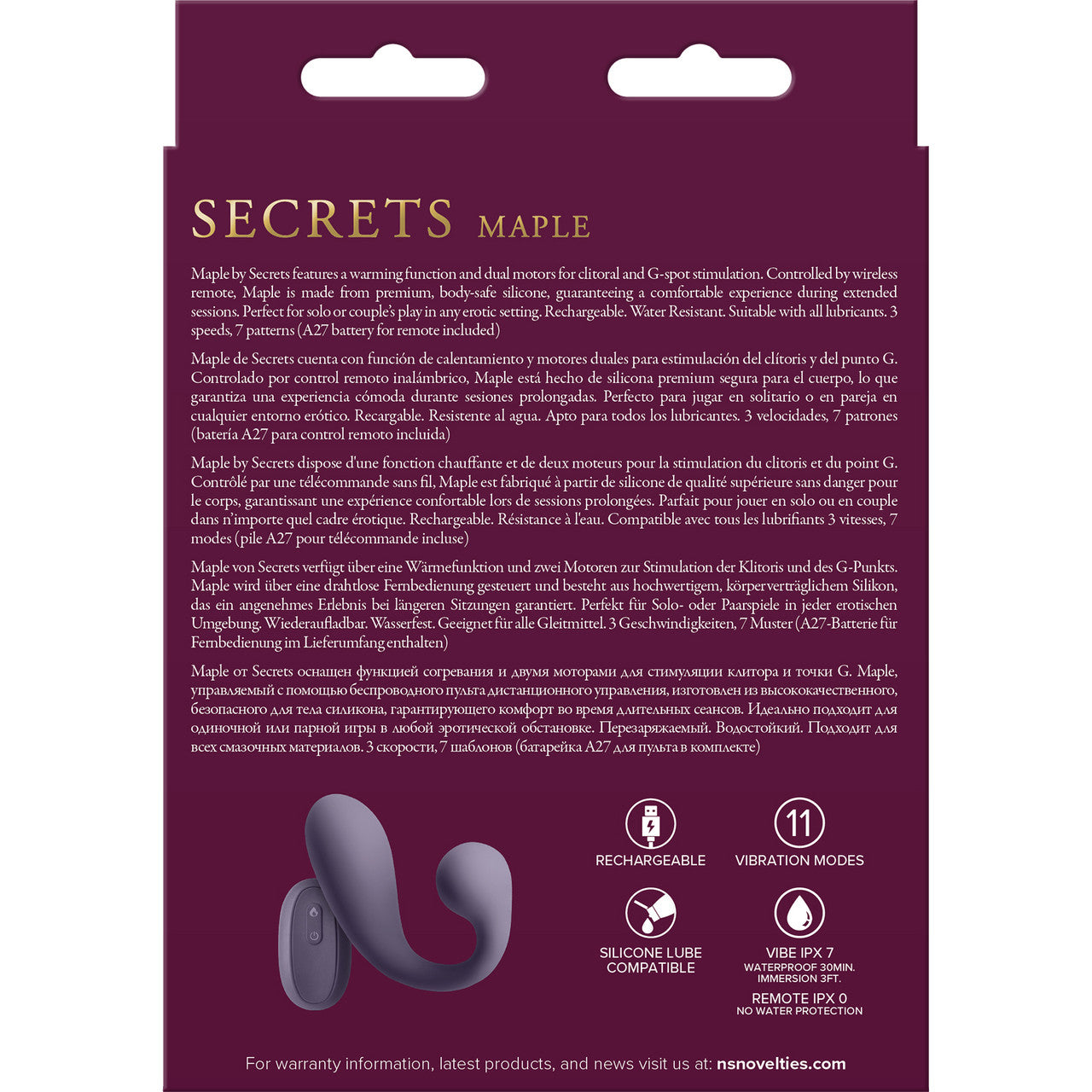 Secrets Maple Silicone Warming Dual Stimulation Vibrator With Remote By NS Novelties - Gray