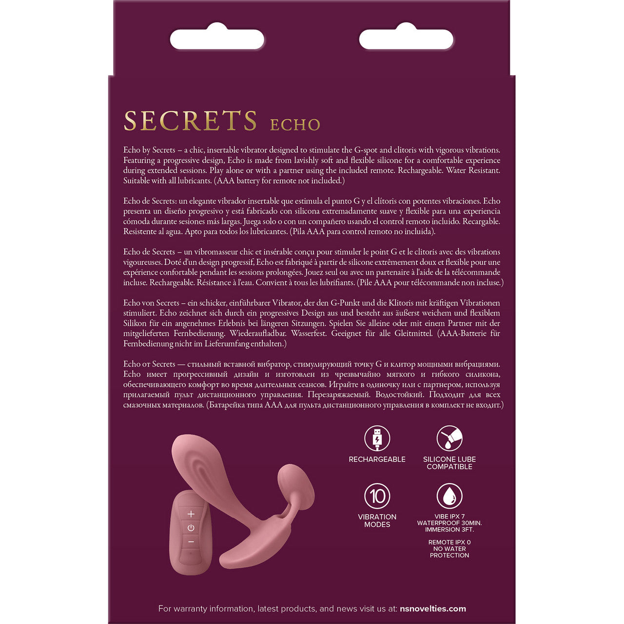 Secrets Echo Silicone G-Spot Vibrator With Clitoral Stimulator & Remote By NS Novelties - Dusty Rose