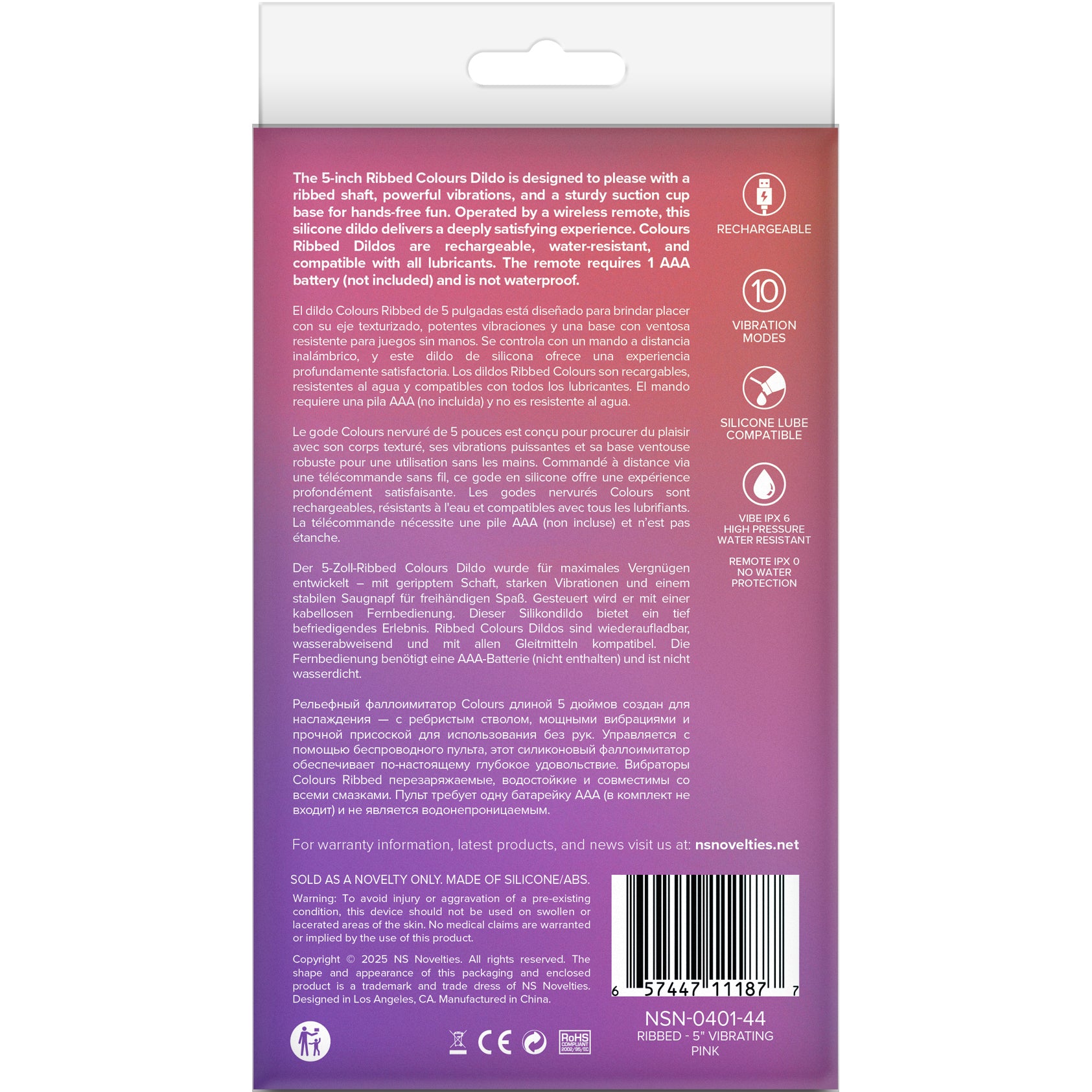 Colours Ribbed 5" Silicone Vibrating Dildo With Remote - Pink