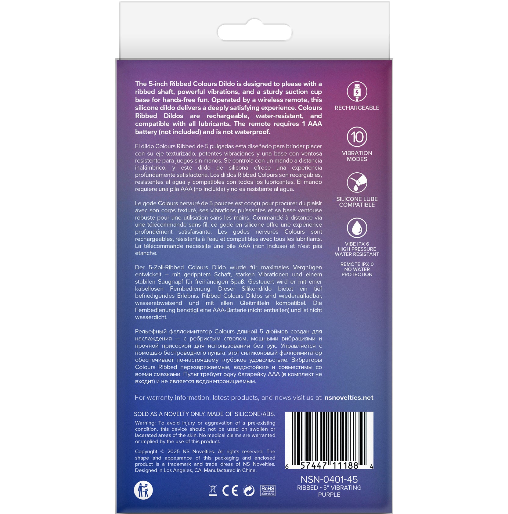 Colours Ribbed 5" Silicone Vibrating Dildo With Remote - Purple