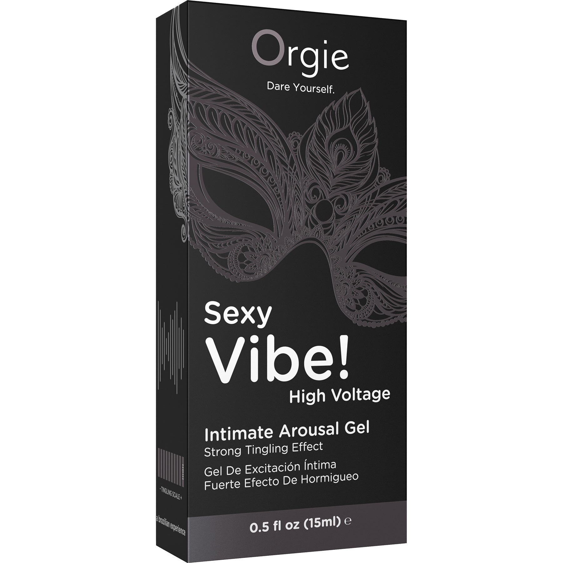 Box of Orgie Sexy Vibe! High Voltage intimate arousal gel with a black and white design.