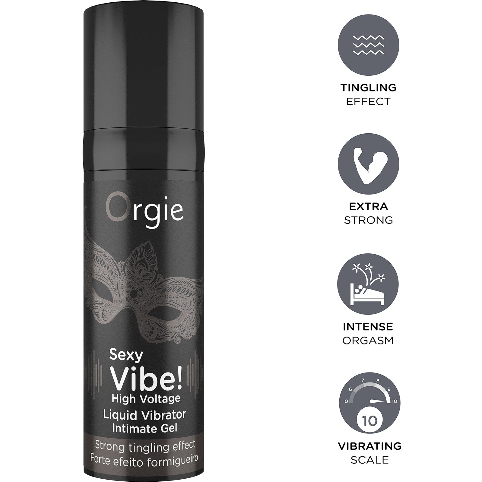 Orgie Sexy Vibe! liquid vibrator packaging with icons and text on a white background