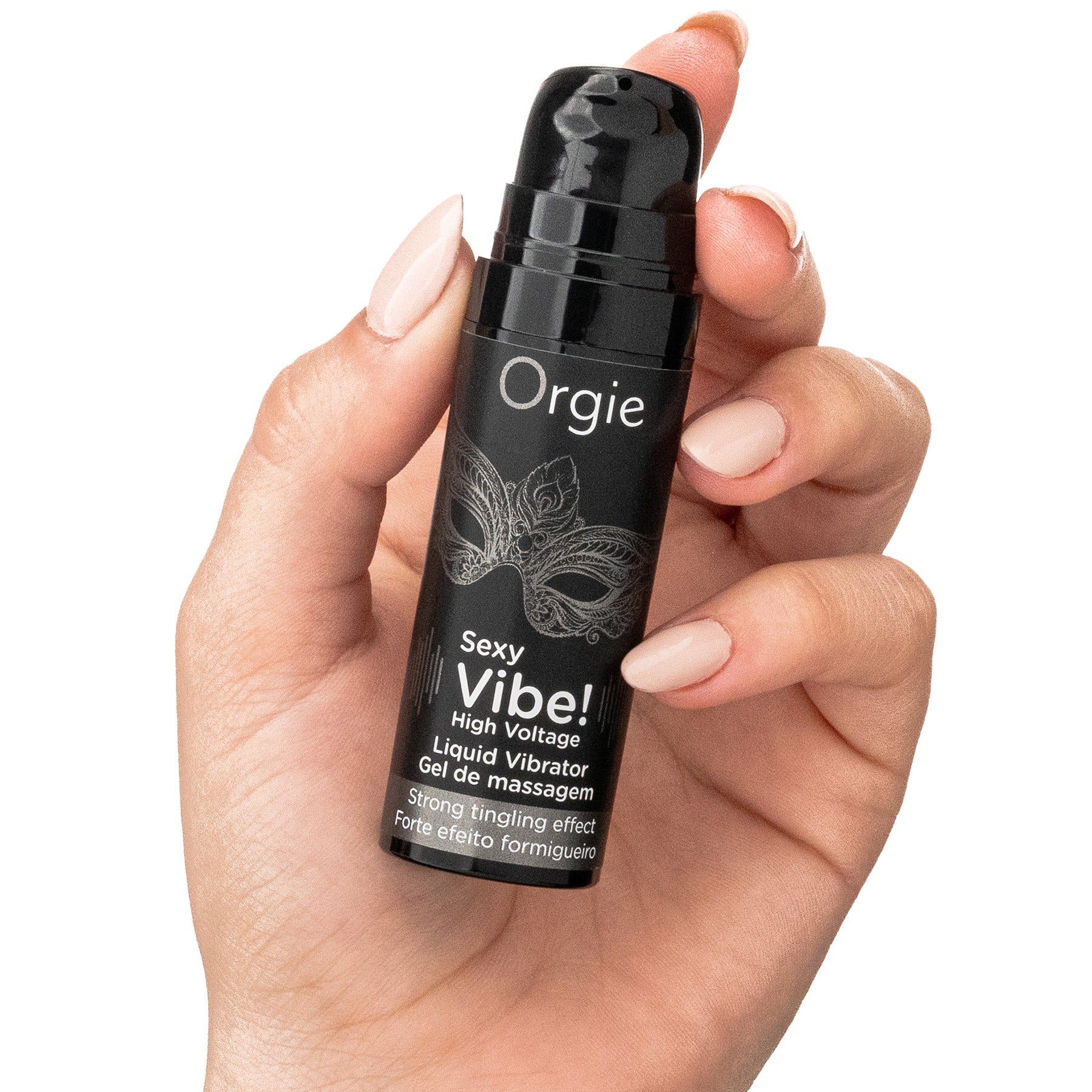 Hand holding a black bottle labeled 'Orgie Sexy Vibe!' against a white background