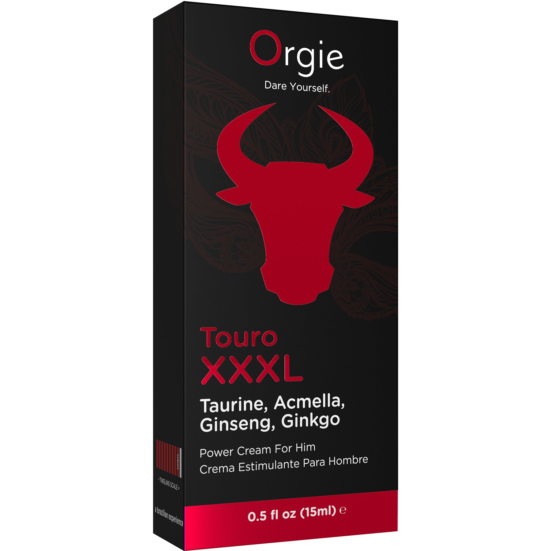Box of Orgie Touro XXXL power cream for men with a red bull logo on a black background.