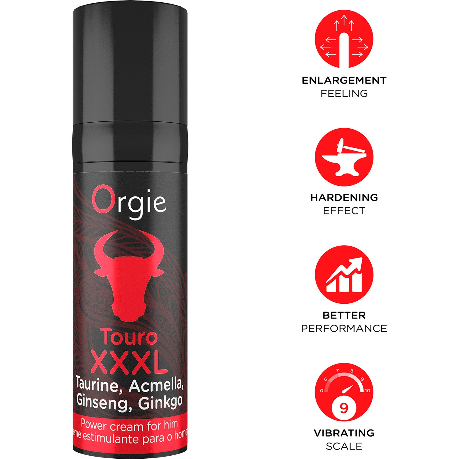 Orgie Touro XXXL cream bottle with feature icons on a white background