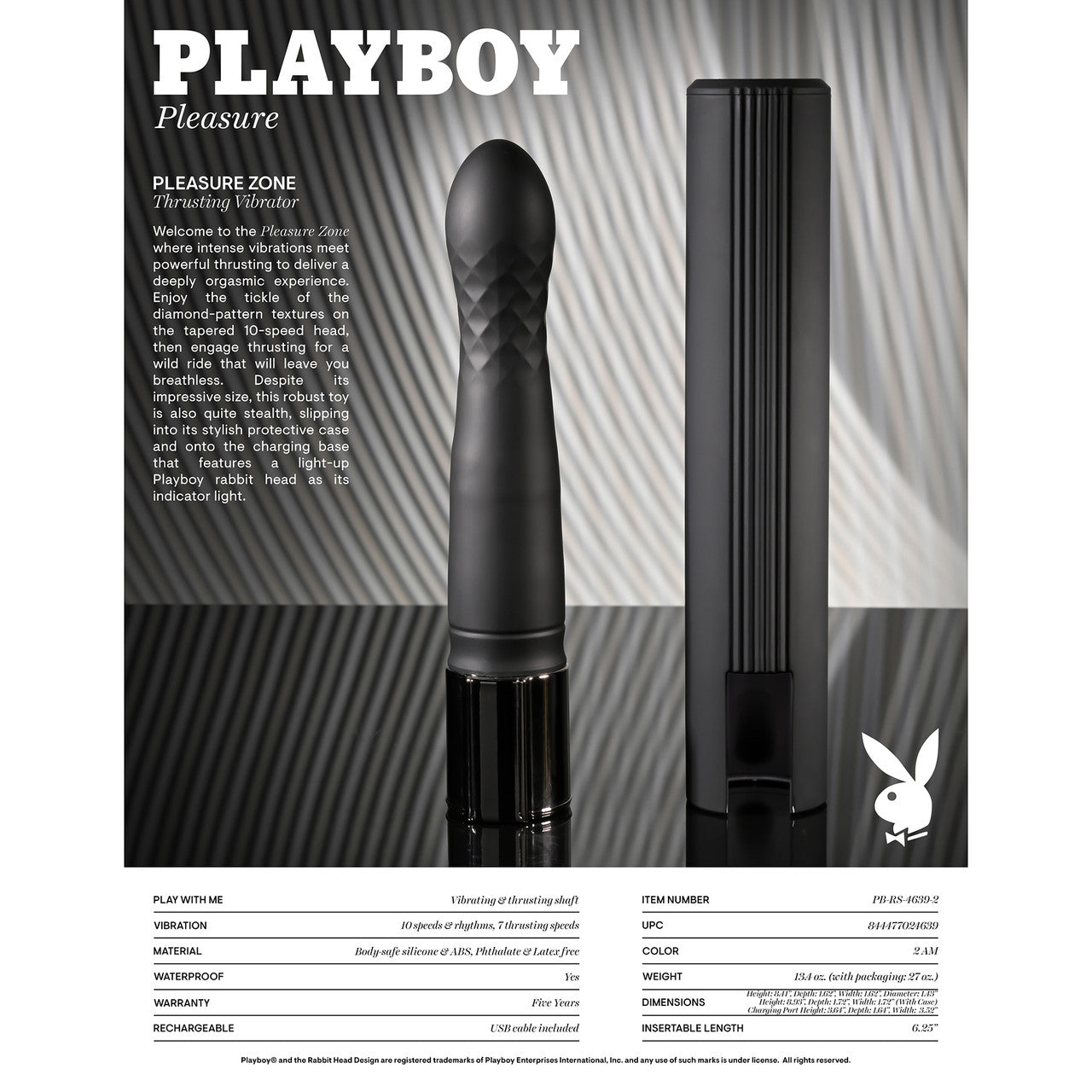 Playboy Pleasure - Pleasure Zone Rechargeable Waterproof Silicone Thrusting Vibrator With Case