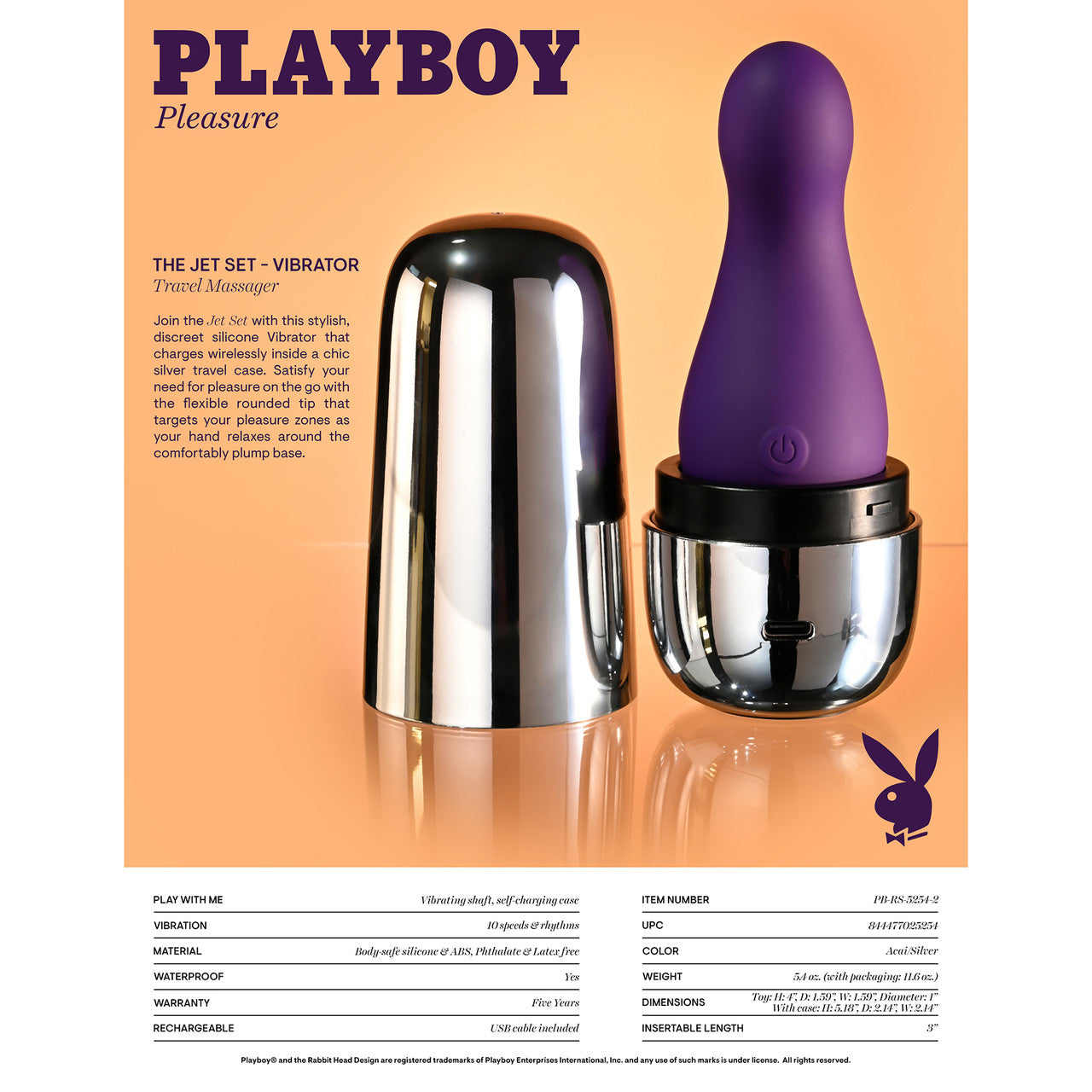 Playboy Pleasure The Jet Set Vibrator Rechargeable Waterproof Silicone Massager With Charging Case