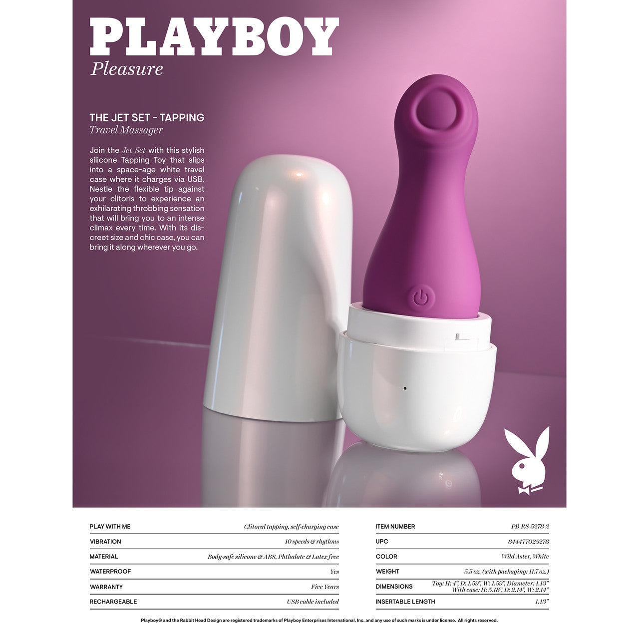 Playboy Pleasure The Jet Set Tapping Rechargeable Silicone Clitoral Stimulator With Charging Case