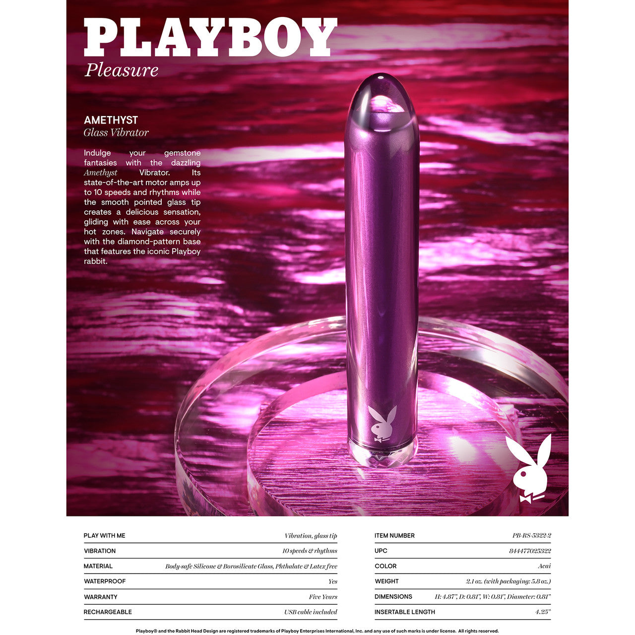 Playboy Pleasure Amethyst Rechargeable Waterproof Glass Vibrator