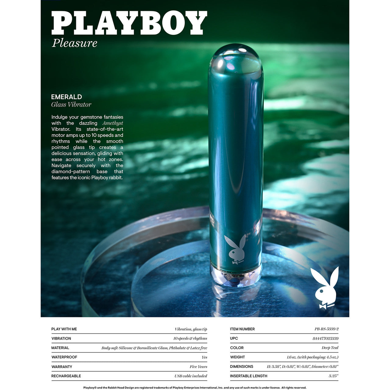 Playboy Pleasure Emerald Rechargeable Waterproof Glass Vibrator