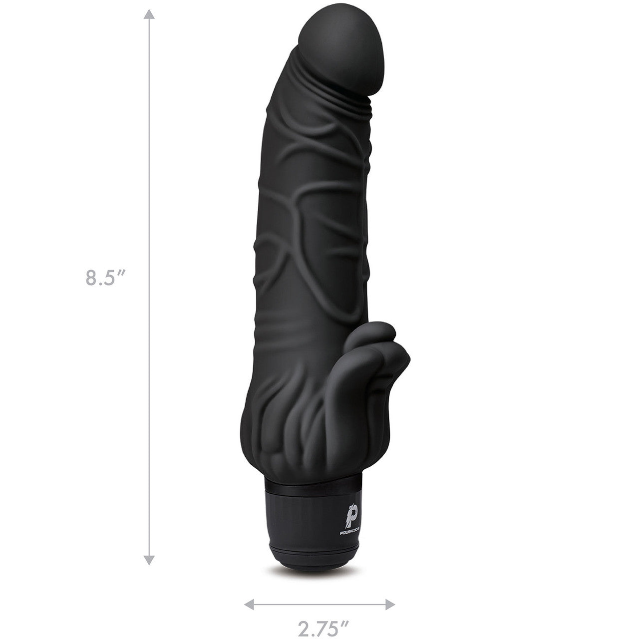 Powercocks Realistic Silicone Waterproof Rechargeable 7" Vibrator With Clitoral Stimulator - Black