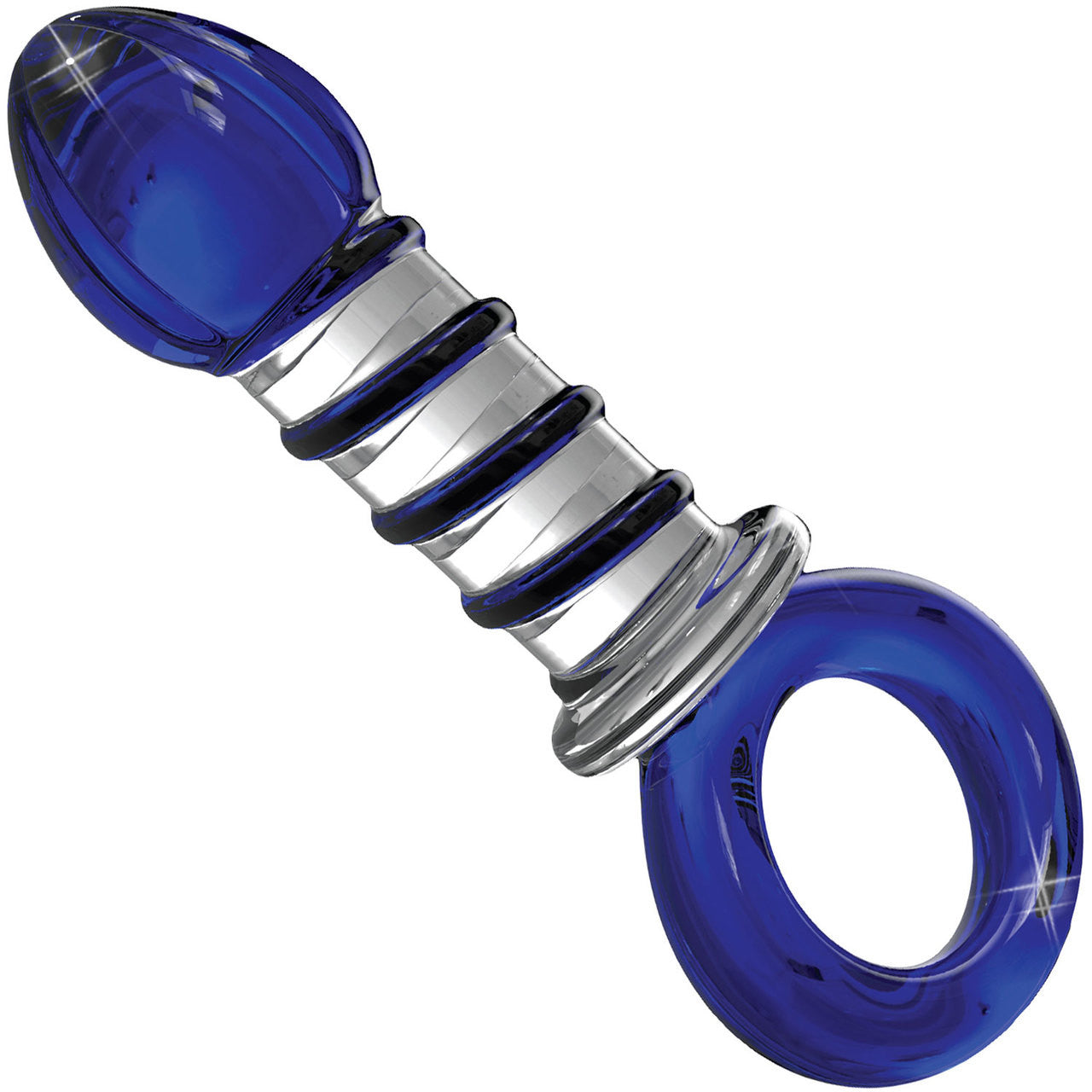 Icicles No. 81 Glass Anal Plug With Blue & Black Accents And Ring Pull Handle Base