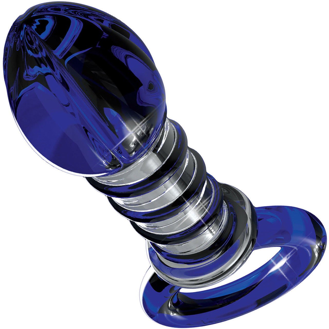 Icicles No. 81 Glass Anal Plug With Blue & Black Accents And Ring Pull Handle Base