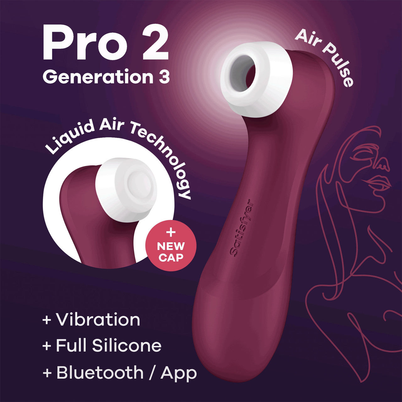 Satisfyer Pro 2 Generation 3 App Enabled Pressure Wave Rechargeable Waterproof Stimulator - Wine