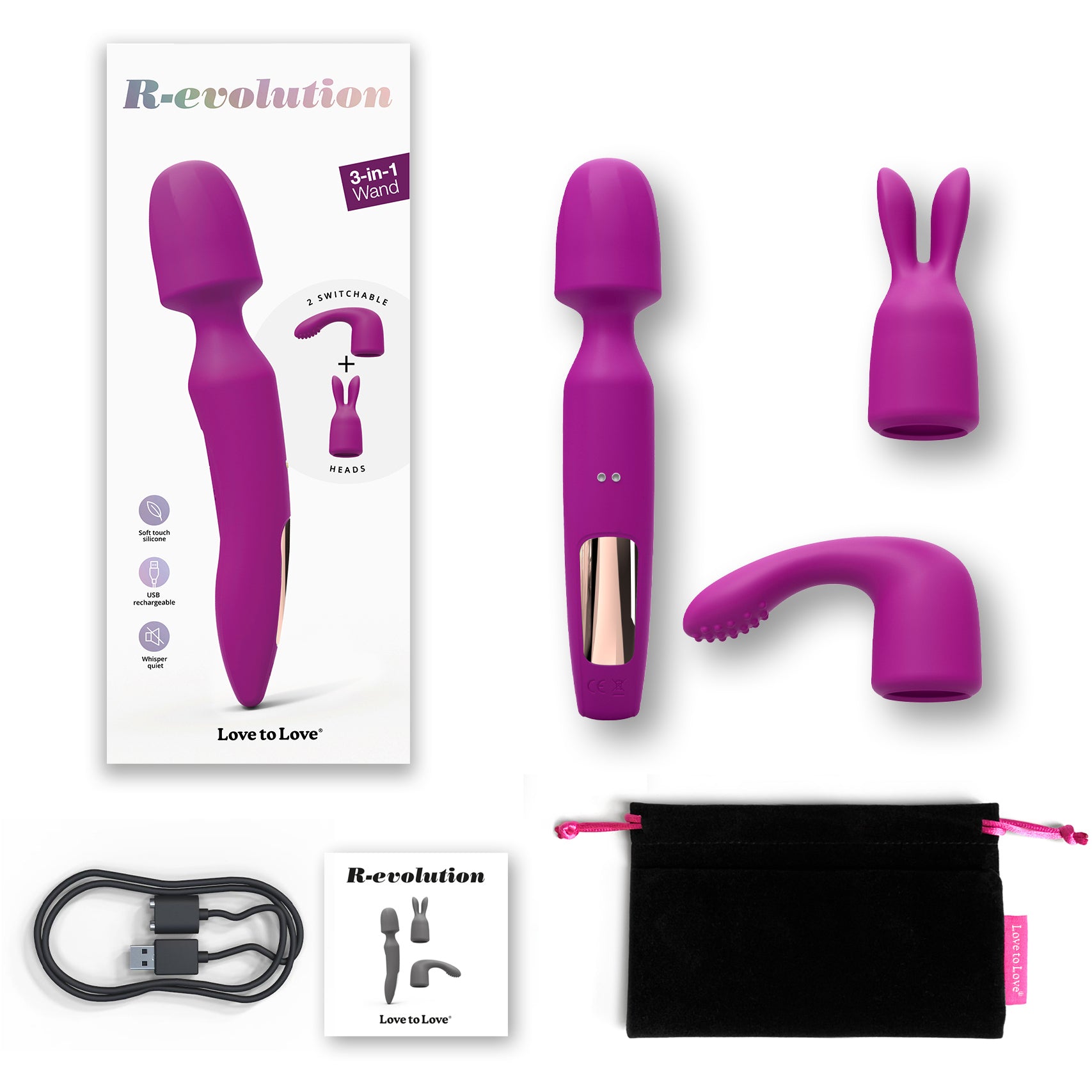 R-evolution Rechargeable Silicone Vibrating Wand With Two Attachments By Love To Love - Pink