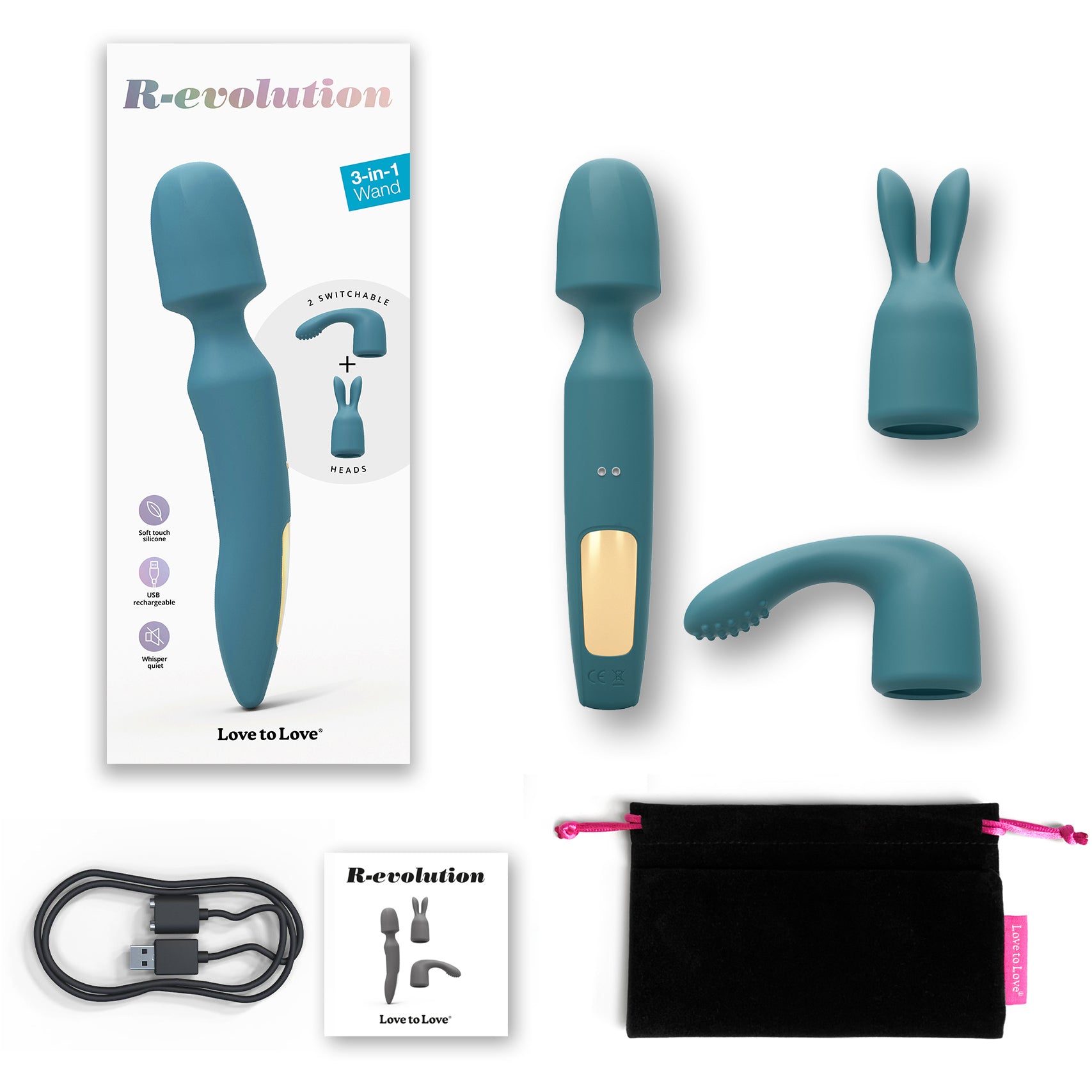 R-evolution Rechargeable Silicone Vibrating Wand With Two Attachments By Love To Love - Teal