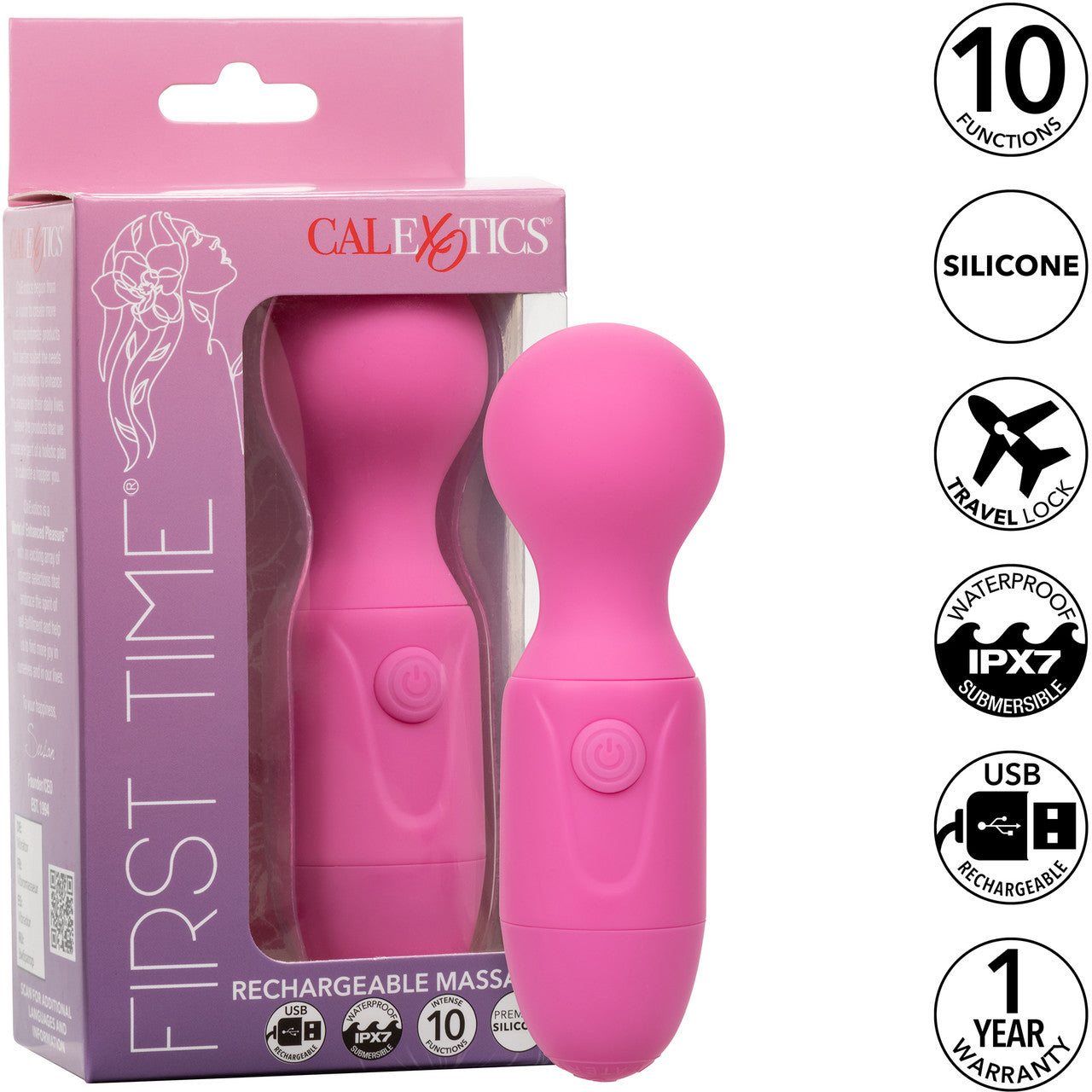 First Time Rechargeable Massager Waterproof Silicone Mini Wand Vibrator By CalExotics - Pink