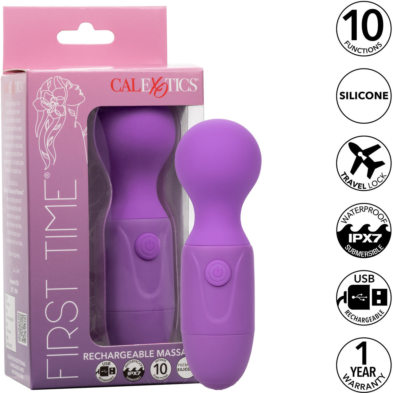 First Time Rechargeable Massager Waterproof Silicone Mini Wand Vibrator By CalExotics - Purple