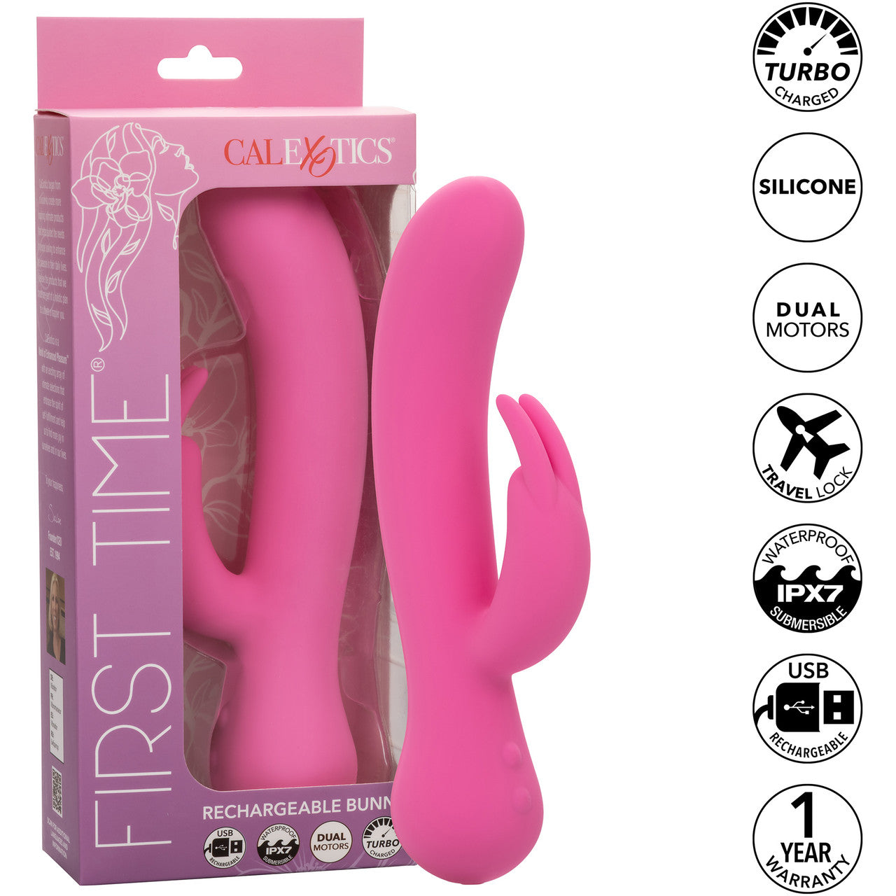 First Time Rechargeable Bunny Waterproof Silicone Dual Stimulation Vibrator By CalExotics - Pink