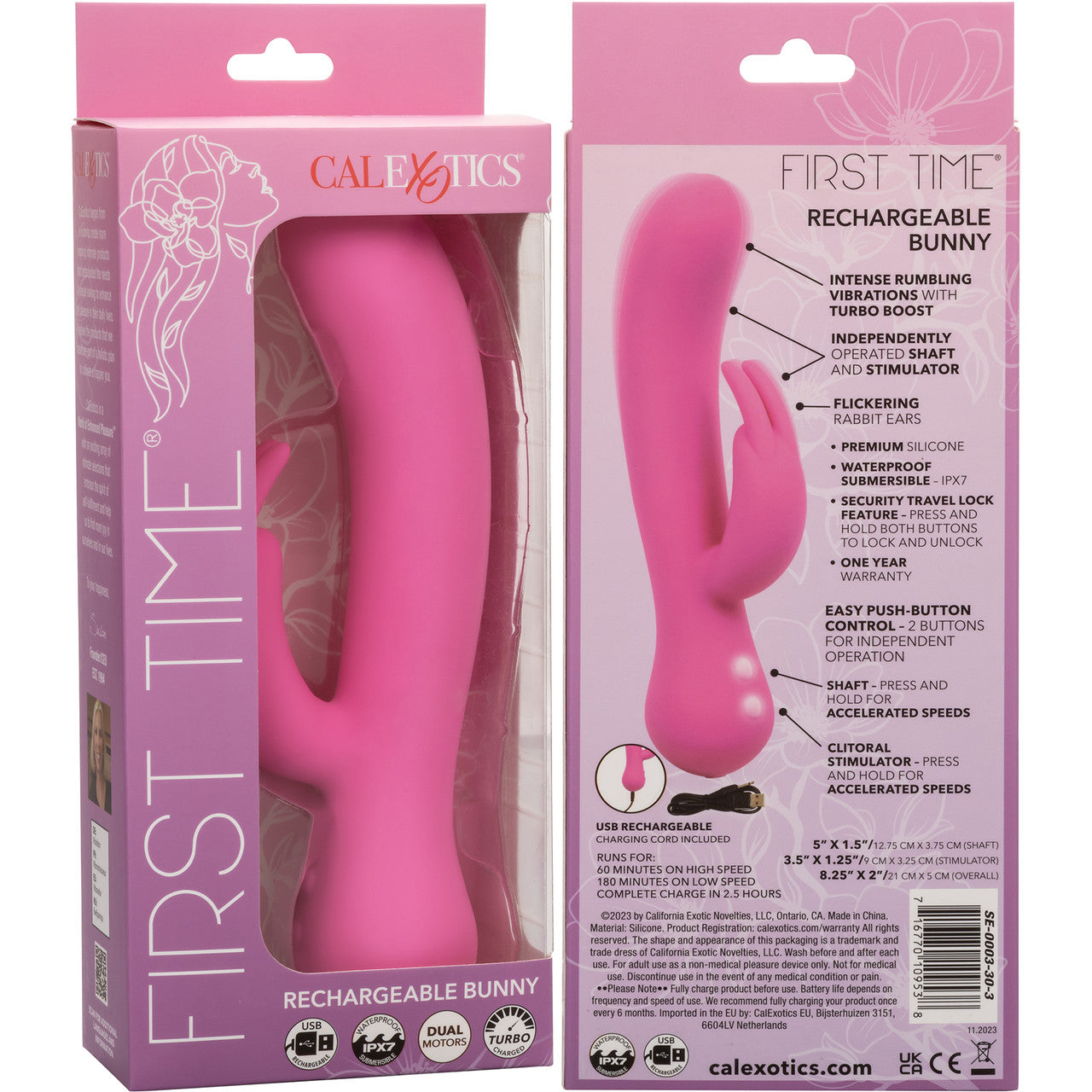 First Time Rechargeable Bunny Waterproof Silicone Dual Stimulation Vibrator By CalExotics - Pink