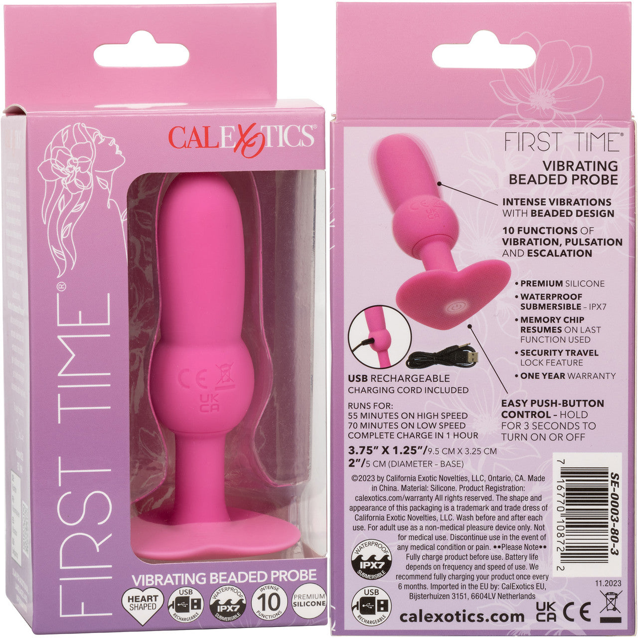 First Time Vibrating Beaded Probe Rechargeable Waterproof Silicone Butt Plug By CalExotics - Pink